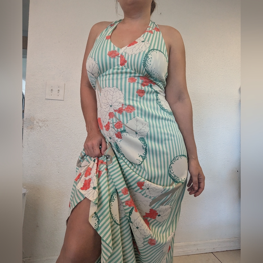 Vintage 1970s Floral And Striped Halter Dress